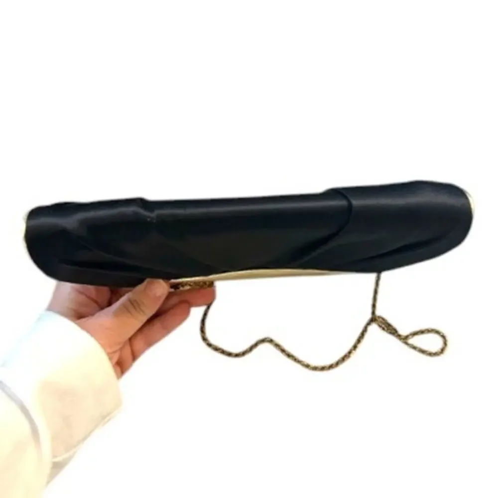 Franchi Black Pleated Clutch Gold Frame Evening Bag Chain Strap 10